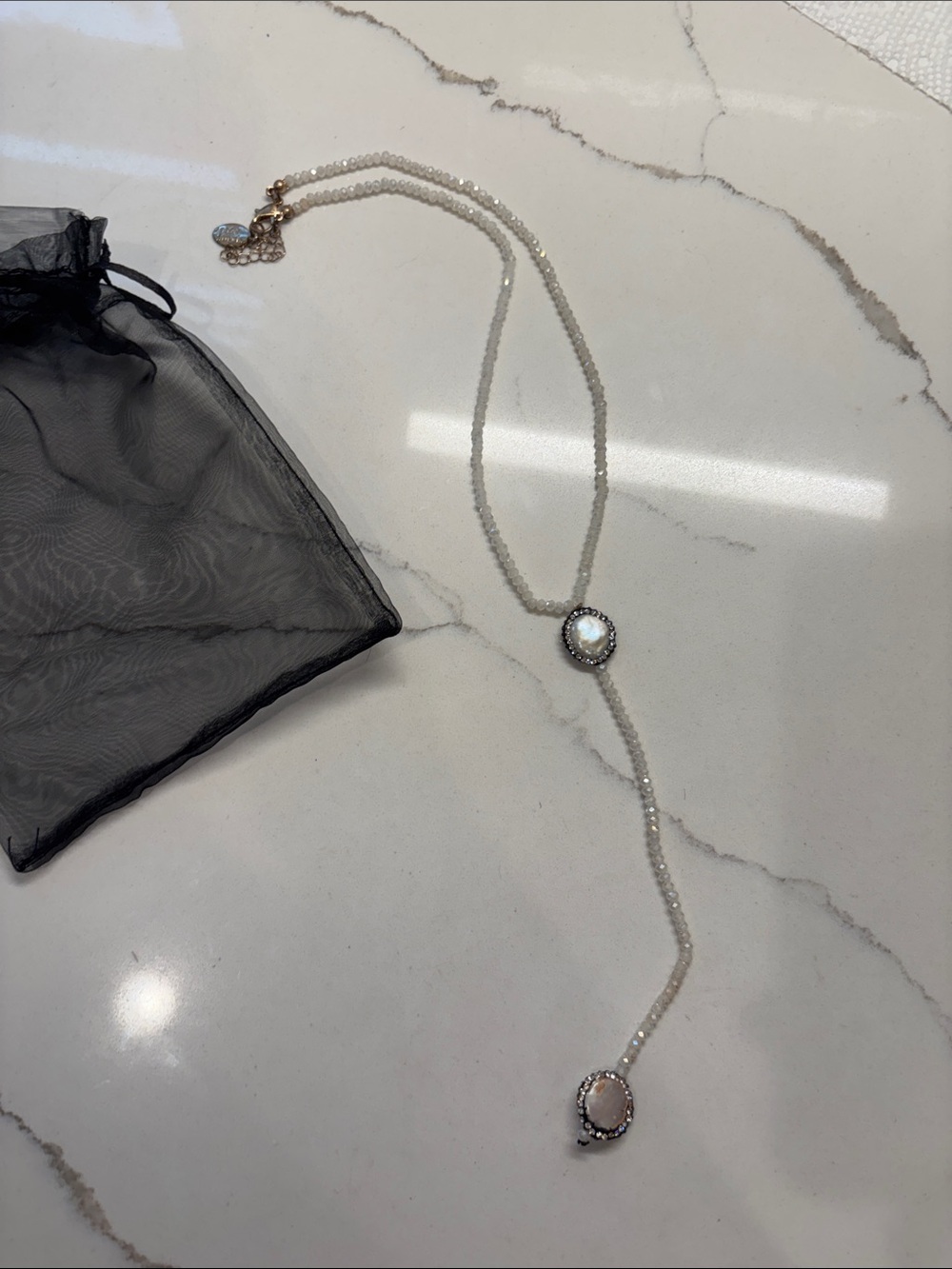 Spring Street Pearl Y-Necklace with Dual Crystal Accents - White